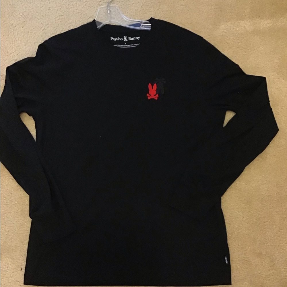 Psycho Bunny Black T-Shirt with Red Logo Back graphic.